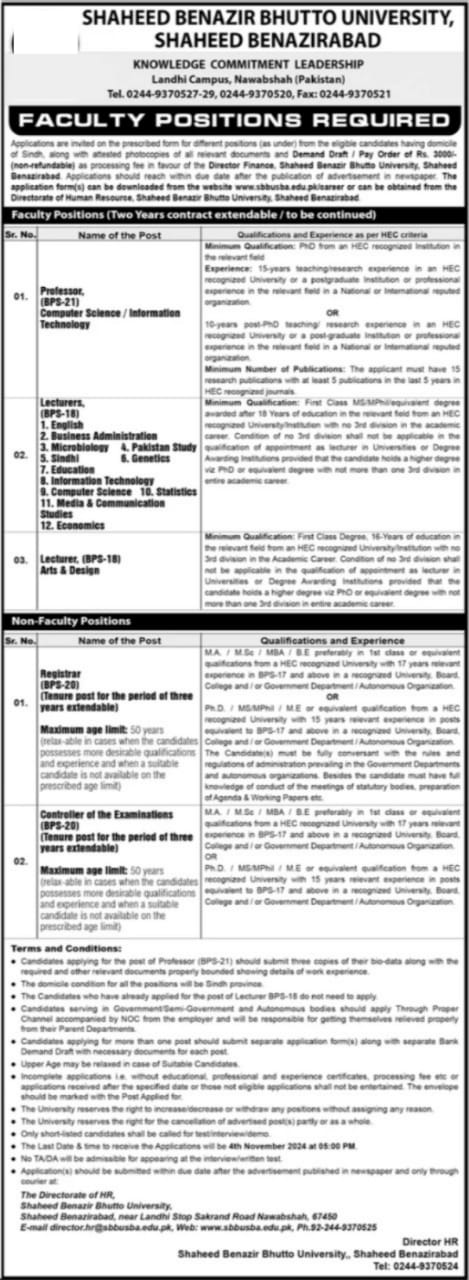 Shaheed Benazir Bhutto University Jobs Oct 2024