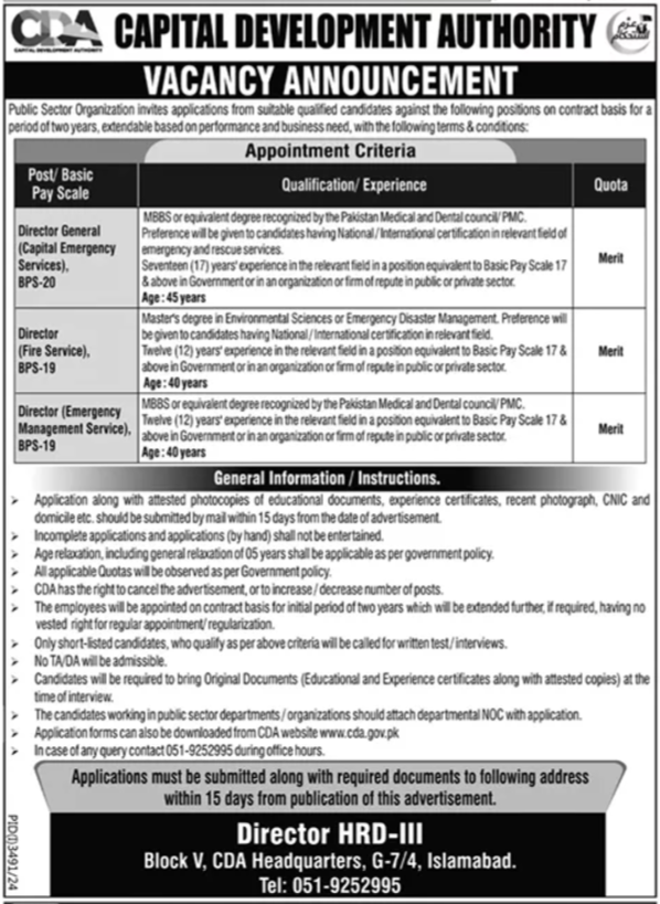 Capital Development Authority CDA Jobs Nov 2024